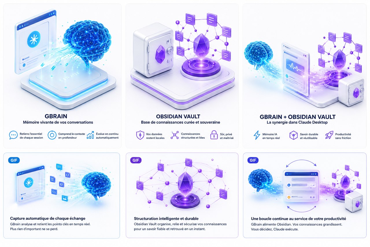 Infographie : GBrain mémorise chaque échange, Obsidian Vault structure le savoir, et leur synergie fait de Claude un hub de productivité.