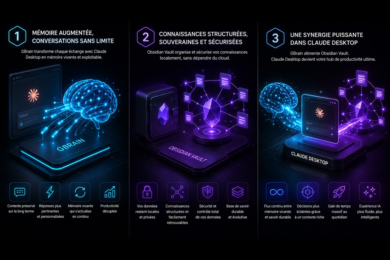 Schéma sombre : GBrain (mémoire) et Obsidian Vault (savoir structuré) s'alimentent mutuellement autour de Claude.